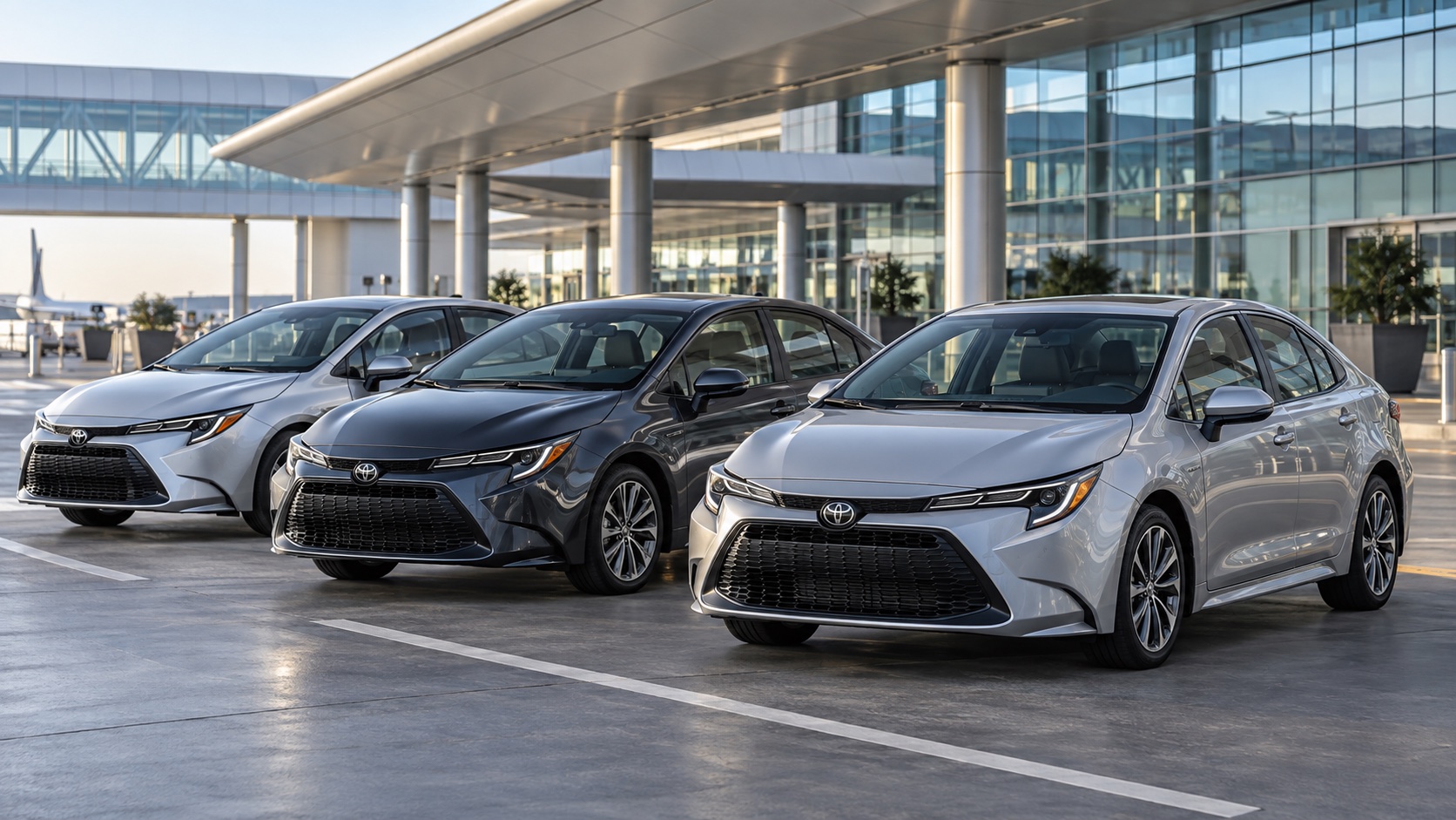 Imagen ilustrativa de tres Toyota Corolla frente a una terminal aeroportuaria