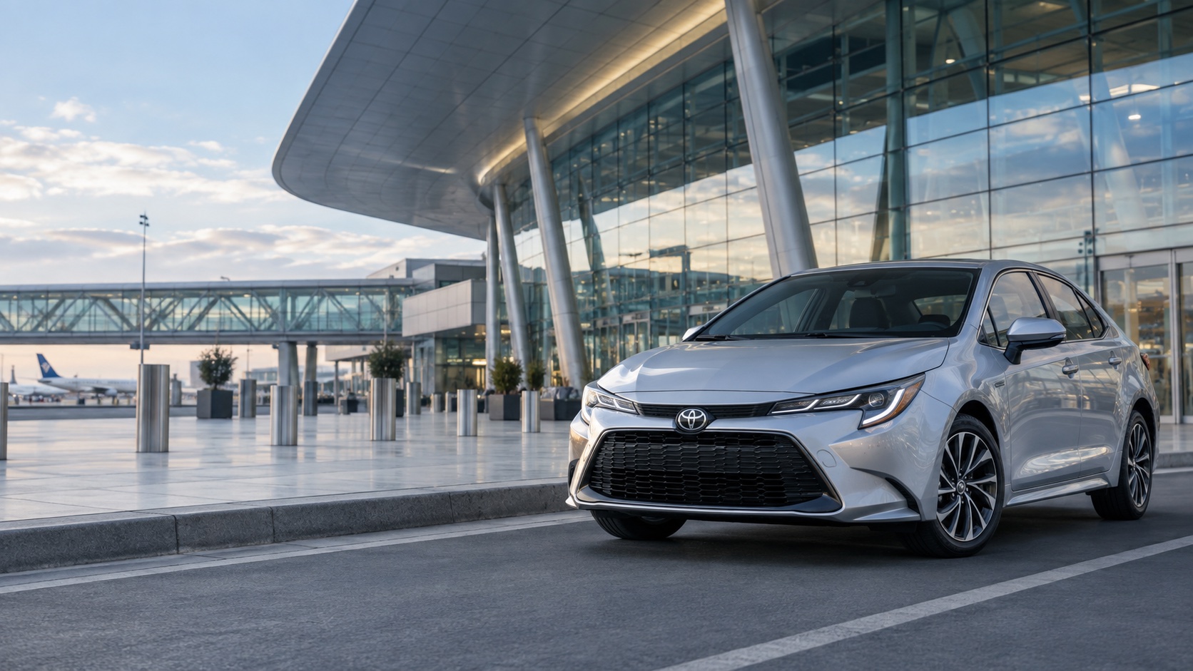 Toyota Corolla plateado frente a una terminal aeroportuaria, imagen ilustrativa